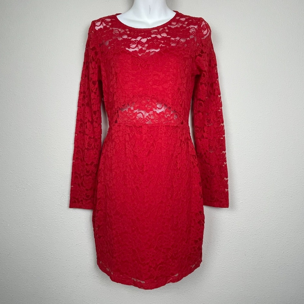 Express Y2K Coquette Red Sheer Lace Bodycon Mini Dress Long Sleeve‎ Size S